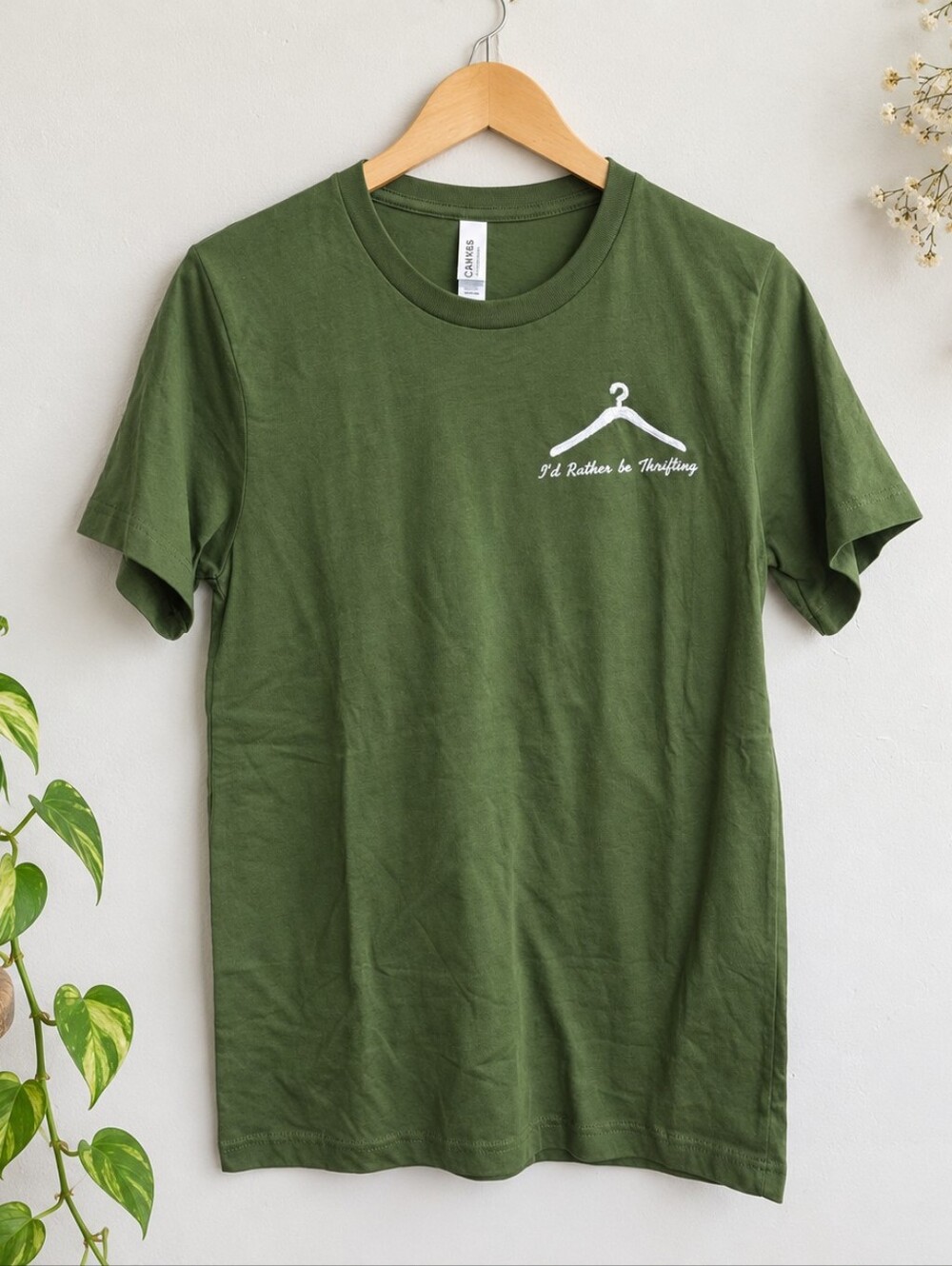 I'd Rather Be Thrifting Olive Green Embroidered T-shirt